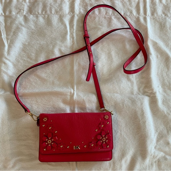 Handbags - Michael Kors Floral Embellished Pebbled Leather Convertible Crossbody Bag Red